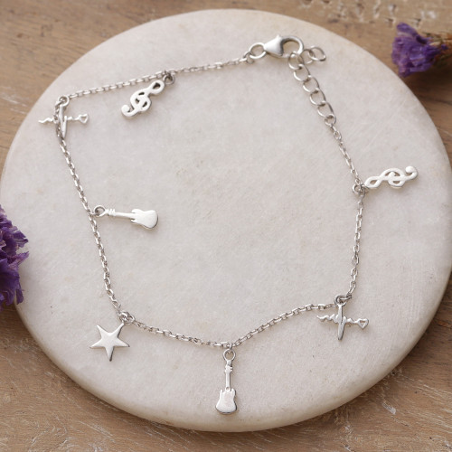 Music-Themed High-Polished Sterling Silver Charm Bracelet 'Musical Beats'