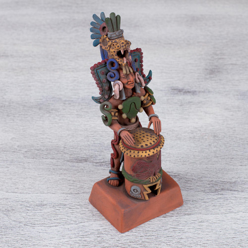 Unique Aztec Museum Replica Ceramic Sculpture 'Jaguar Warrior and Huehuetl'