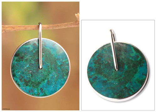 Handmade Modern Fine Silver Chrysocolla Pendant 'Magic Circle'