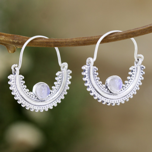 Sterling Silver Half-Hoop Earrings with Rainbow Moonstones 'Misty Cradle'