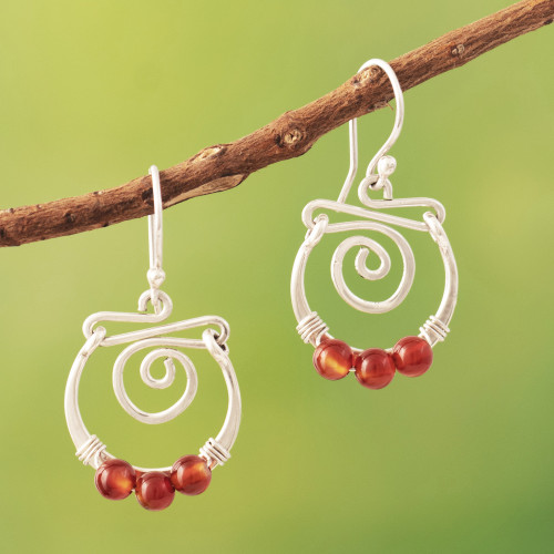 Sterling Silver Spiral Dangle Earrings with Carnelian Stone 'Contemporary Style'