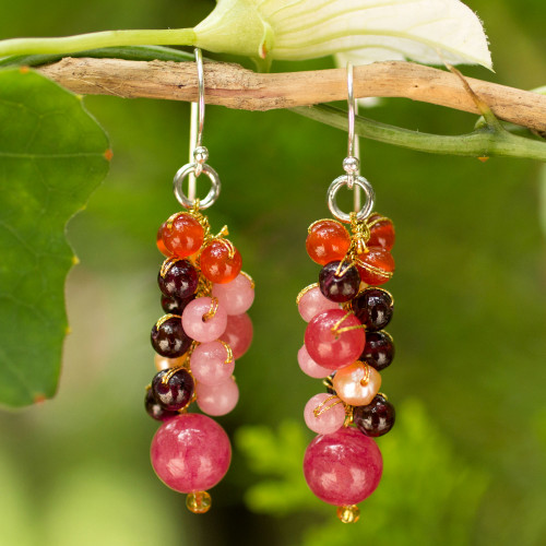 Beaded Pearl Carnelian and Quartz Handmade Earrings 'Rosy Vineyard'