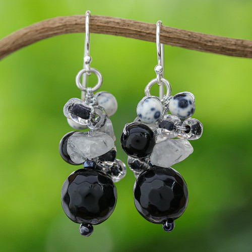 Quartz and Onyx Dangle Earrings from Thailand 'Lovely Blend in Black'