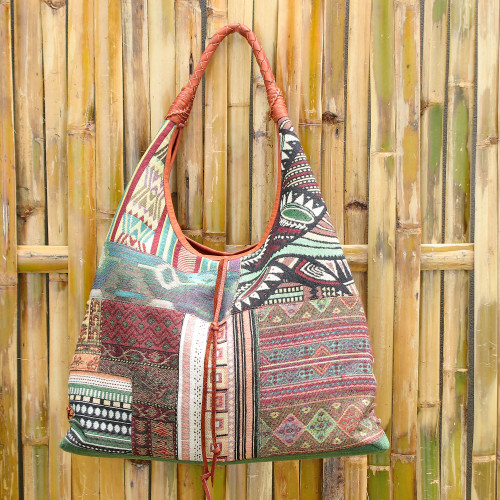 Cotton Blend and Leather Accented Hobo Handbag 'Natural Geometry'