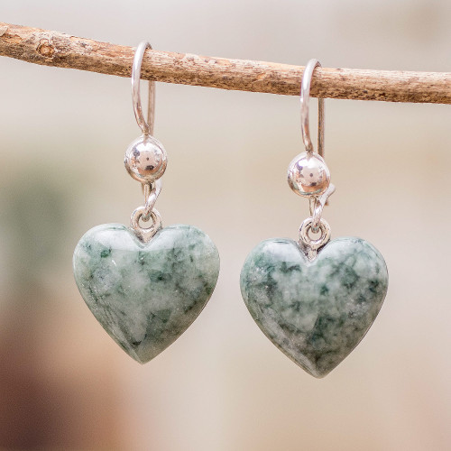 Green Heart Shaped Jade Silver Dangle Earrings Guatemala 'Mayan Heart in Green'
