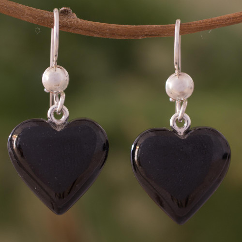 Black Heart Shaped Jade Silver Dangle Earrings Guatemala 'Mayan Heart in Black'