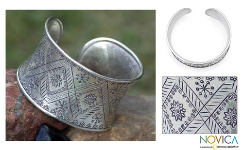 Hill Tribe 950 Silver Cuff Bracelet 'Thai Sunflower'