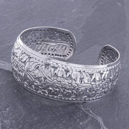 Unique Floral Sterling Silver Cuff Bracelet 'Precious Garland'