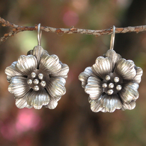 Floral Silver Drop Earrings 'Chiang Mai Rose'