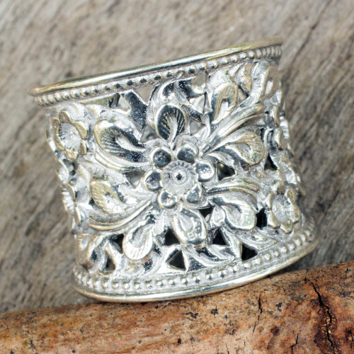 Floral Sterling Silver Band Ring from Thailand 'Mae Ping Jasmine'