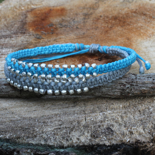 Artisan Braided Bracelet with Silver Plated Beads 'Blue-Gray Urban Siam'