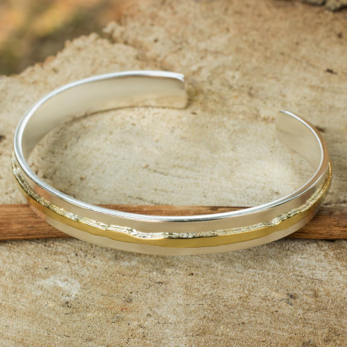 Gold Accent Sterling Silver Matte Cuff Bracelet 'Ripple Effect II'