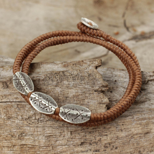 Handmade Tan Cord Wrap Bracelet with 950 Silver Beads 'Chiang Mai Tan'