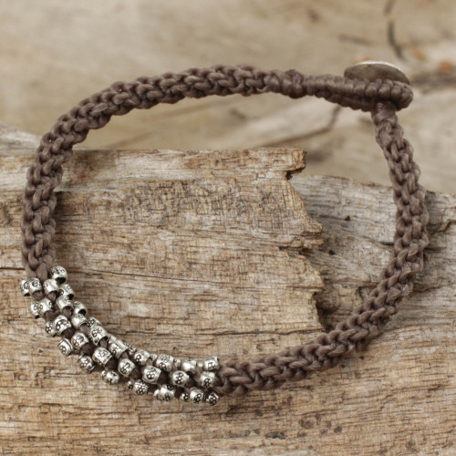 Braided Gray Cord Bracelet with Silver 950 Floral Beads 'Tribal Flowers in Taupe'