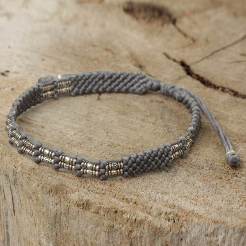 Gray Cord and Silver 950 Bracelet Handmade in Thailand 'Affinity in Gray'