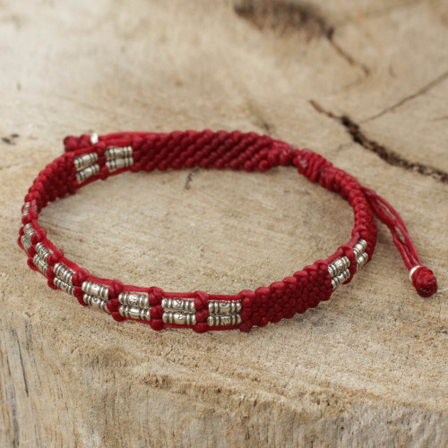 Thai Braided Red Cord Bracelet with 950 Silver Beads 'Affinity in Red'