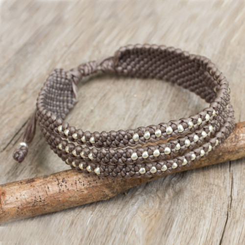 Wristband Bracelet in Macrame with Silver 950 Beads 'Starlight and Khaki'