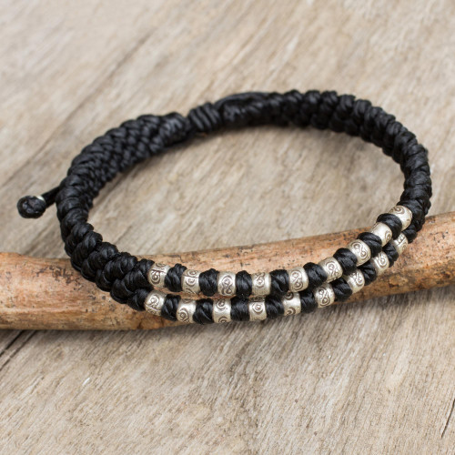 Thai Macrame Black Wristband Bracelet with Silver 950 Beads 'Black Infinity Twins'