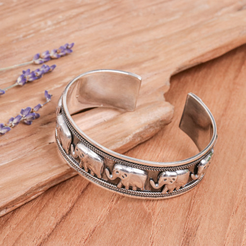 Artisan Crafted Sterling Silver Elephant Cuff Bracelet 'Grand Elephant Parade'