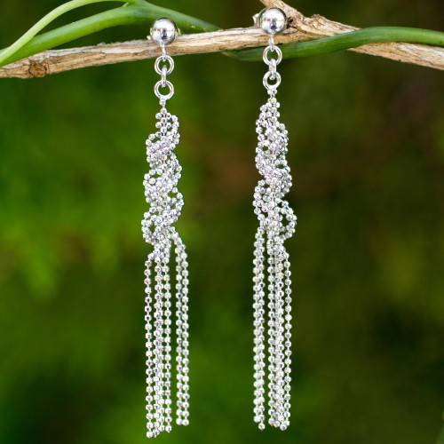 Fair Trade Sterling Silver Ball Chain Waterfall Earrings 'Helix Fringe'