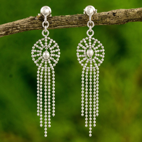Thai Chandelier Earrings Handcrafted in Polished 925 Silver 'Moonbeam Cascade'
