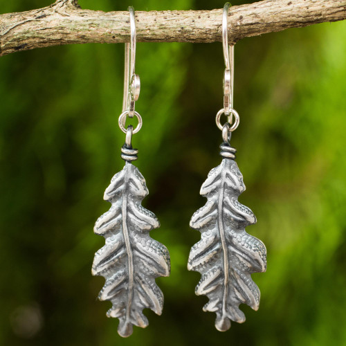 925 Sterling Silver Oak Leaf Artisan Crafted Earrings 'Midnight Oak Leaf'
