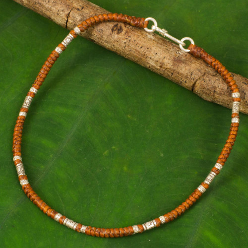 Artisan Crafted Brown Anklet with Karen Hill Tribe Silver 'Wandering Brown'