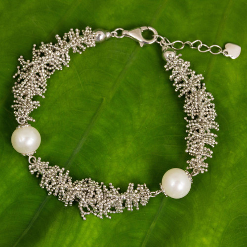 Handcrafted Thai Sterling Silver Bracelet  Cultured Pearls 'White Coral Reef'