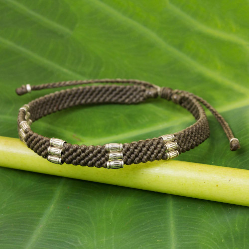 950 Silver Accent Wristband Bracelet from Thailand 'Karen Bamboo in Taupe'