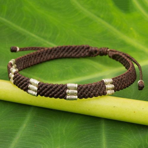 Silver Accent Wristband Bracelet from Thailand 'Karen Bamboo in Coffee'