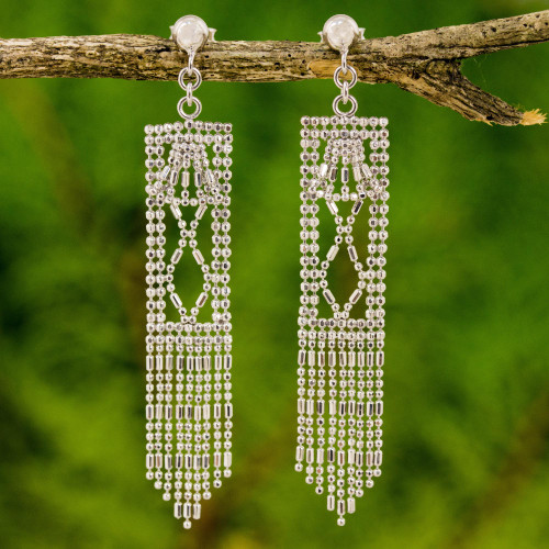 Sterling Silver Rectangle Waterfall Earrings from Thailand 'Bell Towers'