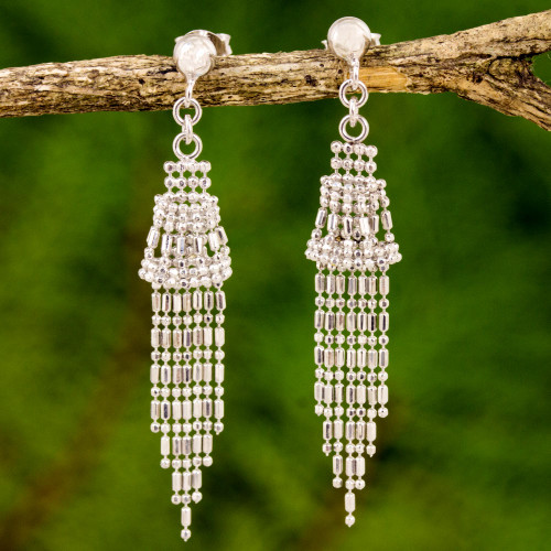 Ball Chain Sterling Silver Waterfall Earrings Thailand 'Raining Bells'