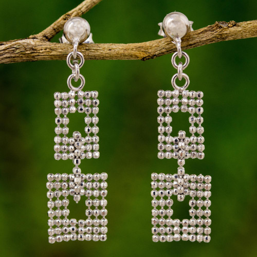 Artisan Crafted Thai Dangle Earrings in Sterling Silver 'Bangkok Palace'
