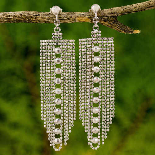 Beaded Sterling Silver Waterfall Earrings from Thailand 'Decadent Chandeliers'