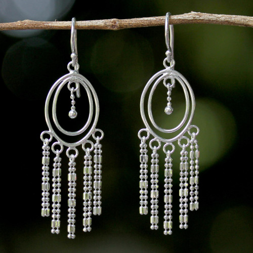 Sterling Silver Oval Chandelier Earrings from Thailand 'Romantic Fringe'