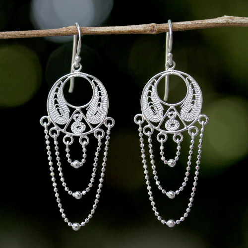 Thai Sterling Silver Circular Filigree Chandelier Earrings 'Blessed Links'