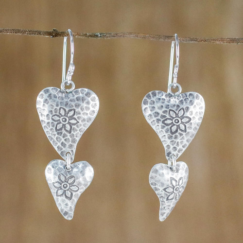Floral Heart-Shaped Sterling Silver Earrings from Thailand 'Flowering Love'
