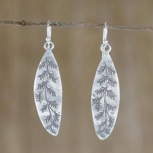 Leaf Motif Sterling Silver Dangle Earrings from Thailand 'Hanging Ferns'
