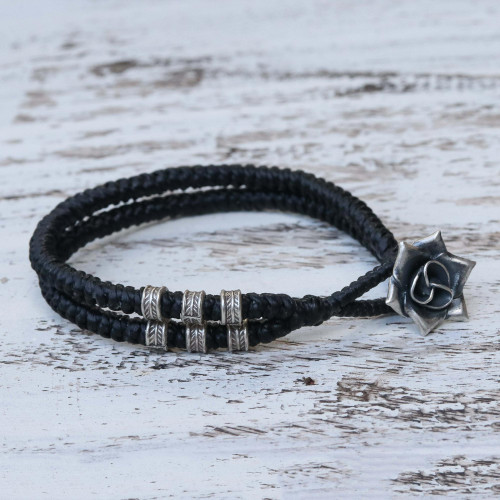 Karen Silver Rose Wristband Bracelet in Black from Thailand 'Rosy Karen in Black'