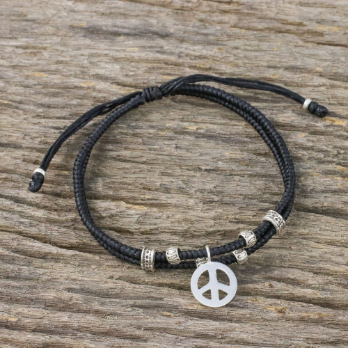 Ebony Colored Cord Beaded Bracelet with Silver Peace Charm 'Peace and Amity'