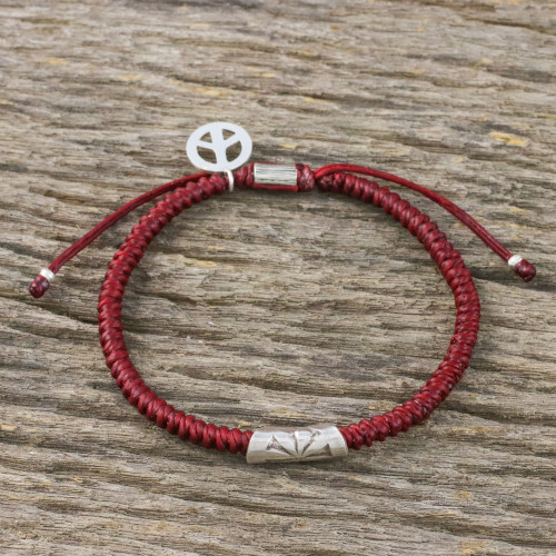 Dark Red Cord Flower Motif Bracelet with Silver Peace Charm 'New Day'