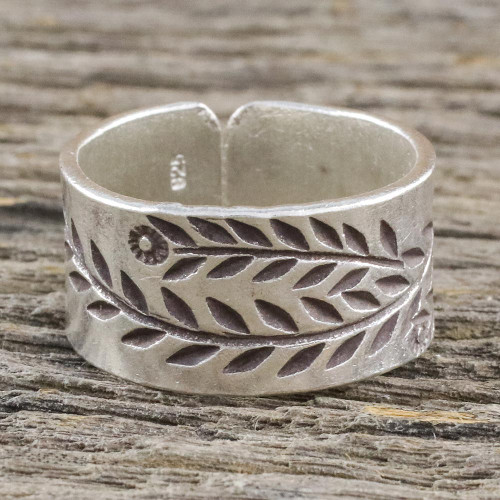 Sterling Silver Wrap Ring with Leaf Motif 'Silver Garden'