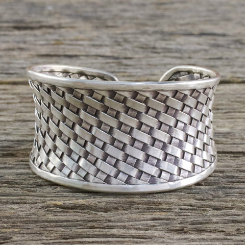 Woven Texture Sterling Silver Cuff Bracelet for Women 'Basketwork'