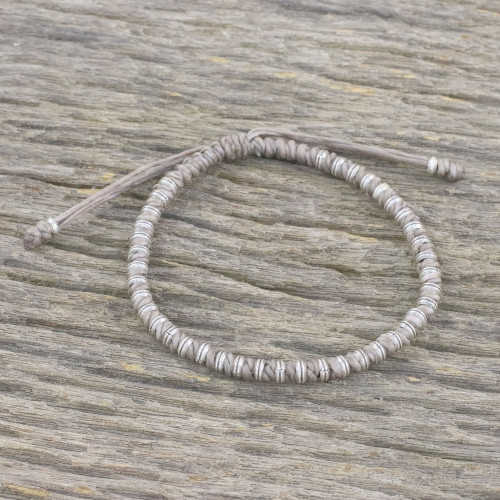 Taupe Cord and 950 Silver Beaded Bracelet from Thailand 'Endeavor in Taupe'