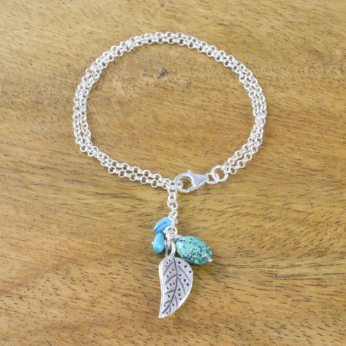 Silver and Recon Turquoise Leaf Bracelet from Thailand 'Lively Leaf'