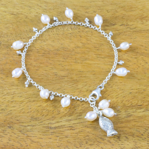 Fish Cultured Pearl Charm Bracelet in White from Thailand 'Gleaming Fish in White'