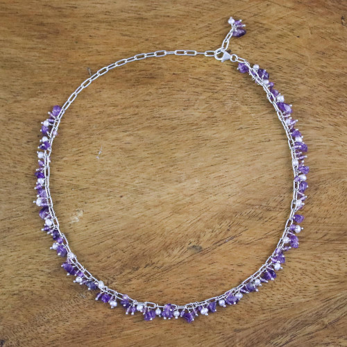Amethyst and Cultured Pearl Beaded Necklace from Thailand 'Thai Magic'