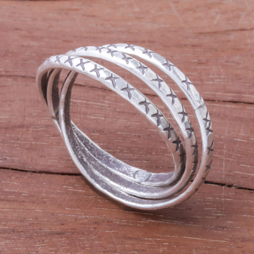 Cross Pattern Karen Silver Band Ring from Thailand 'Crossed Trinity'