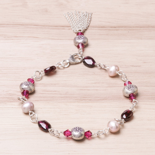 Garnet and Cultured Pearl Sterling Silver Charm Bracelet 'Tangy Sweet'