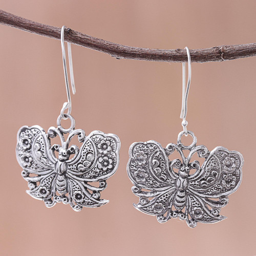Handmade 925 Sterling Silver Butterfly Dangle Earrings 'Fluttering Butterfly'